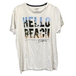 LIVERGY Men's White Hello Beach California Graphic T Shirt Size Medium